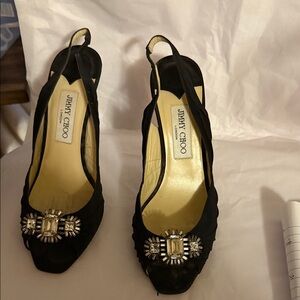 Jimmy Choo Black satin Swarovski Embellished Slingback Heels